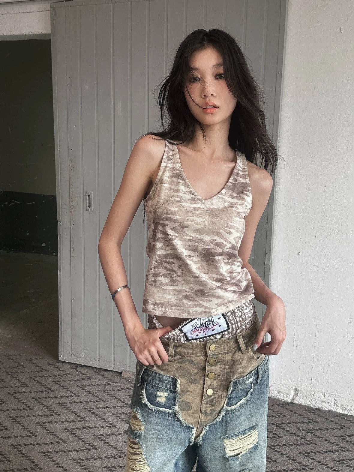FULLTIDE Embroidered Printed Street Slim Fit Strappy Women Cotton Olive Beige Tank Top