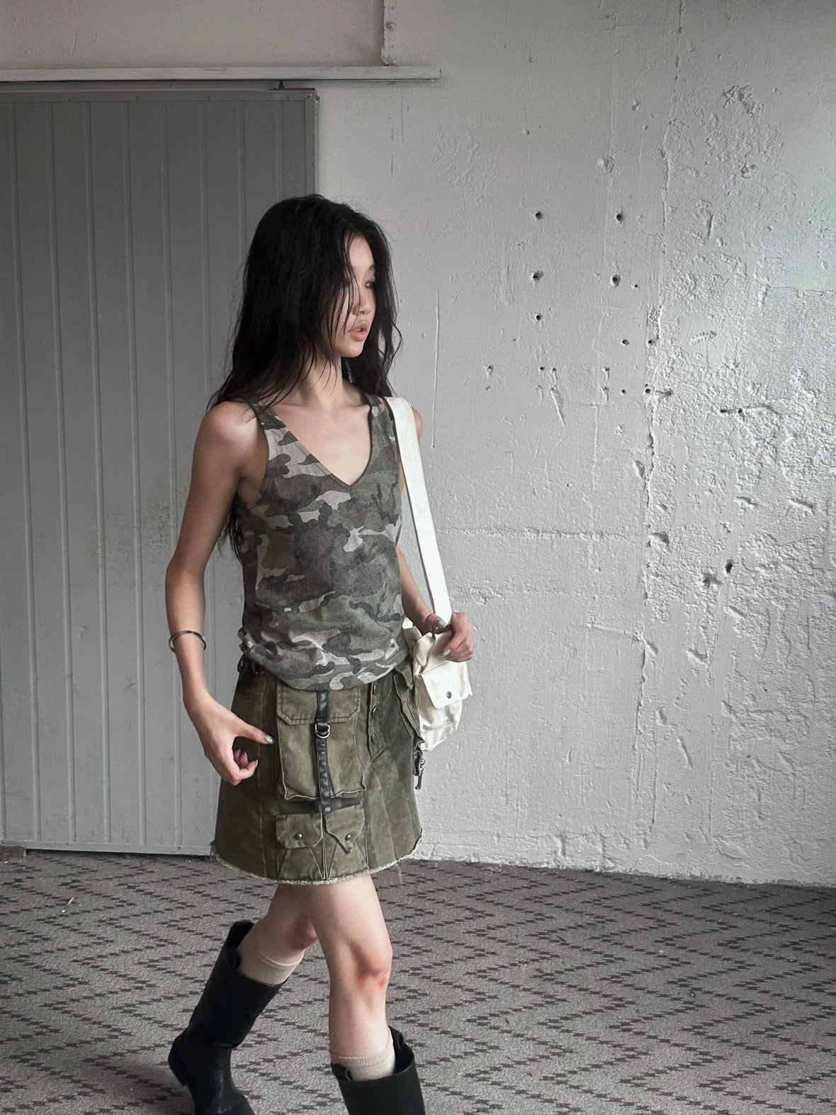 FULLTIDE Embroidered Printed Street Slim Fit Strappy Women Cotton Olive Beige Tank Top