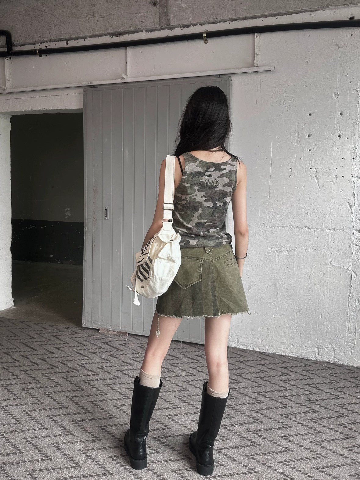 FULLTIDE Embroidered Printed Street Slim Fit Strappy Women Cotton Olive Beige Tank Top