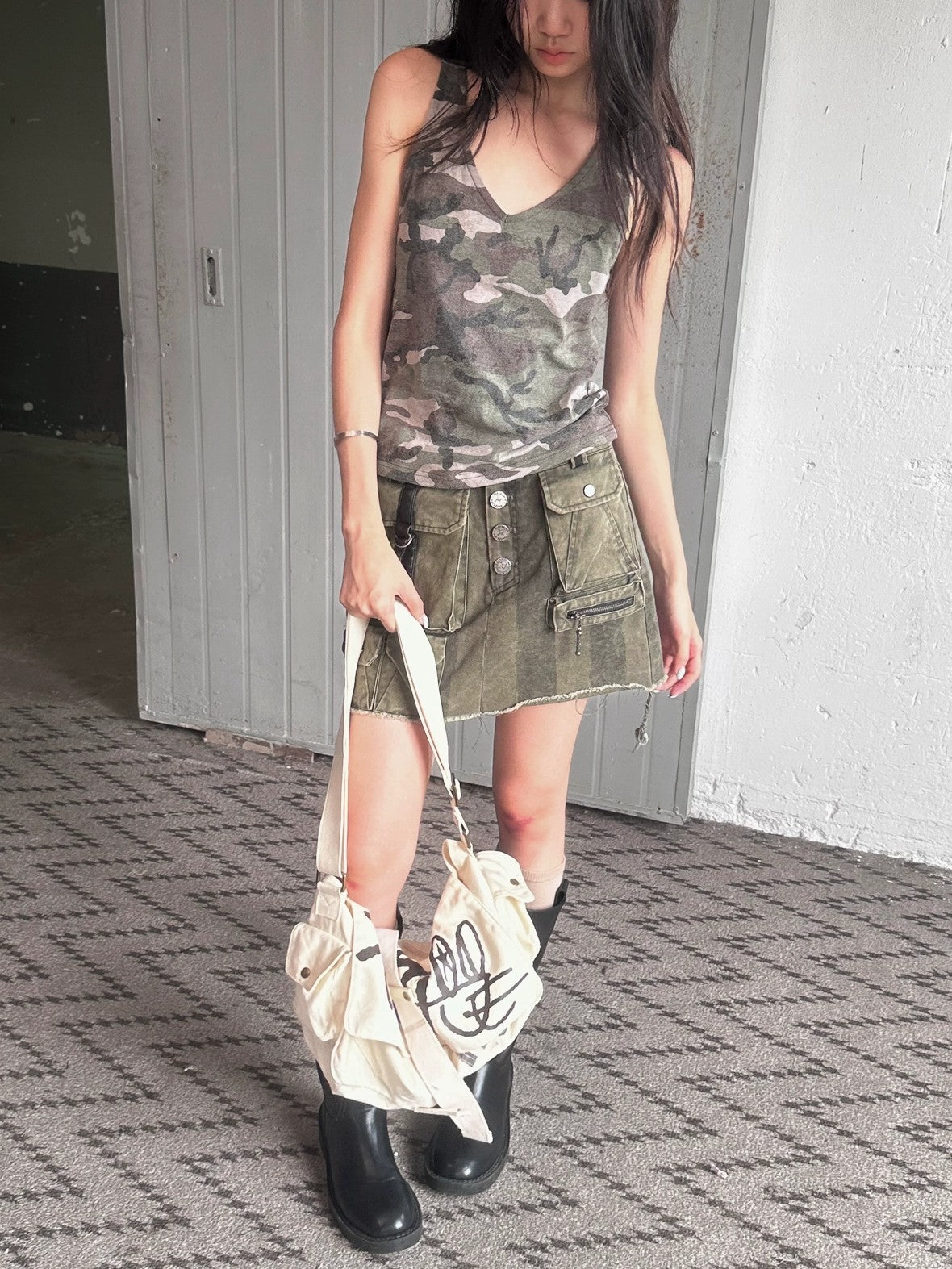 FULLTIDE Embroidered Printed Street Slim Fit Strappy Women Cotton Olive Beige Tank Top