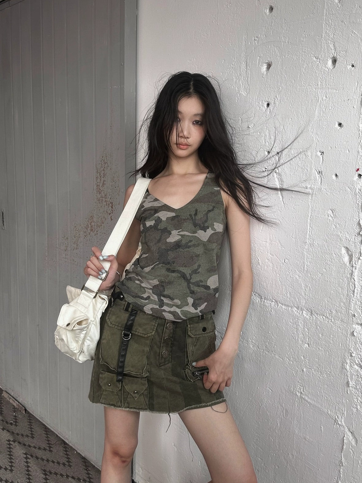 FULLTIDE Embroidered Printed Street Slim Fit Strappy Women Cotton Olive Beige Tank Top