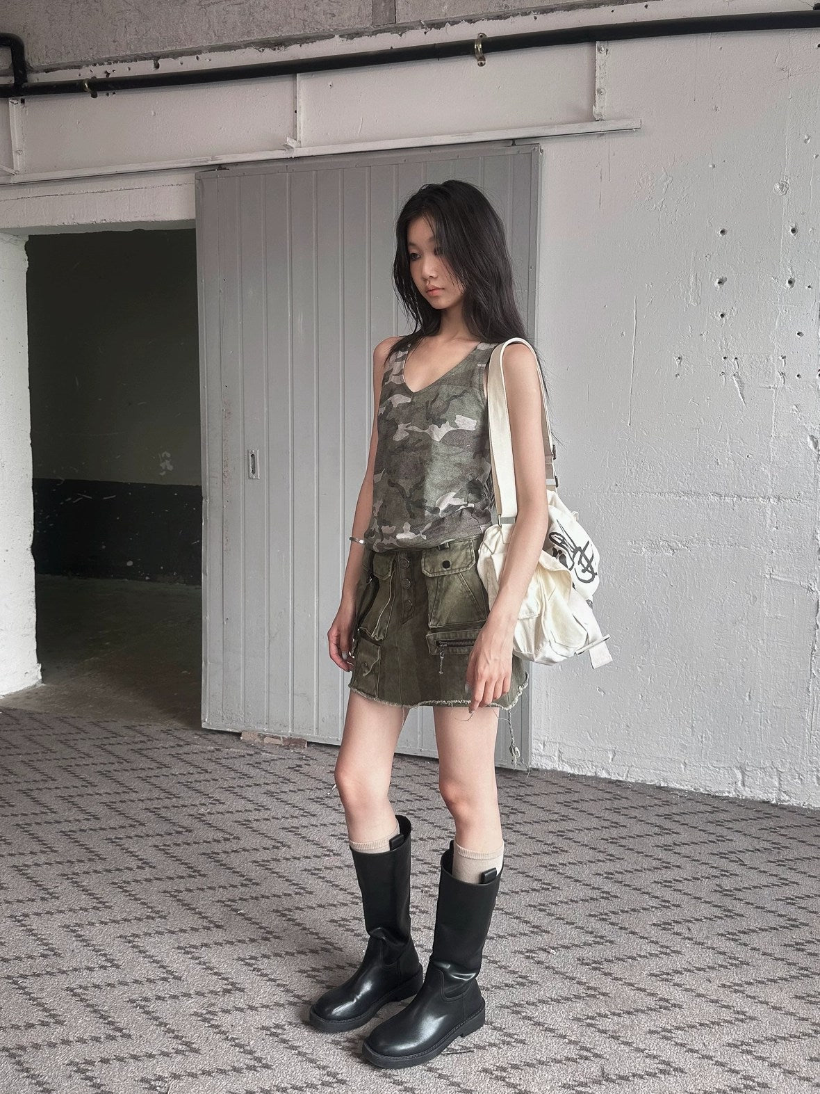 FULLTIDE Embroidered Printed Street Slim Fit Strappy Women Cotton Olive Beige Tank Top