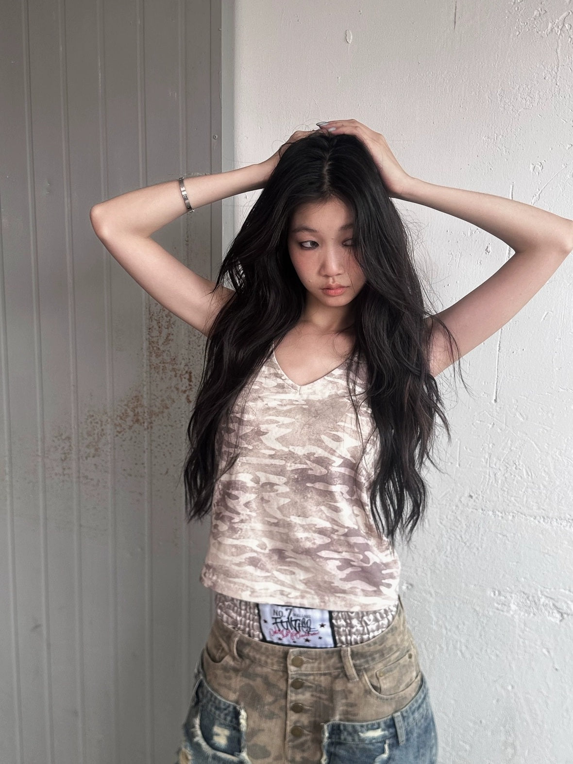 FULLTIDE Embroidered Printed Street Slim Fit Strappy Women Cotton Olive Beige Tank Top