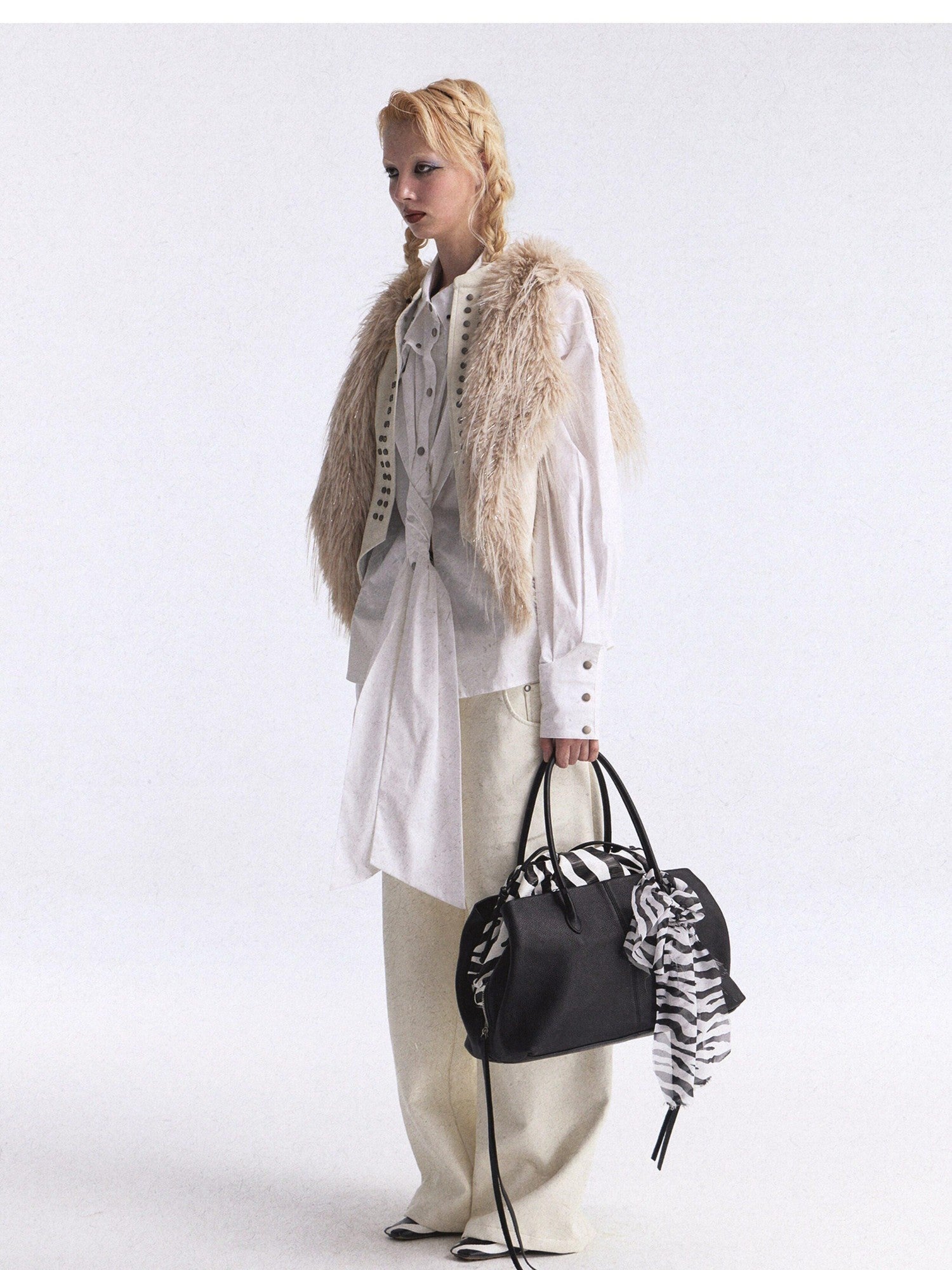 FULLTIDE Faux Fur Riveted Distressed Gradient Applique Women&