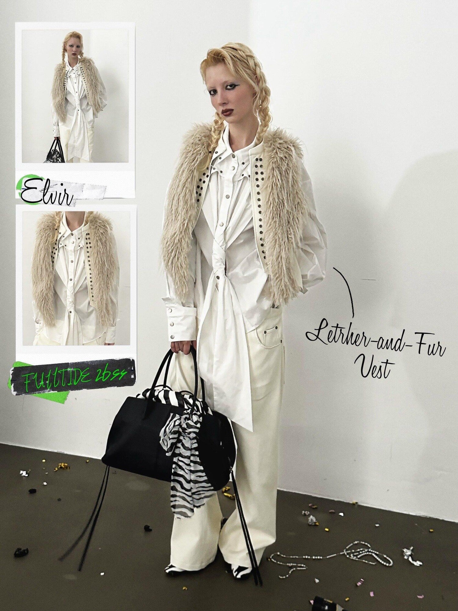 FULLTIDE Faux Fur Riveted Distressed Gradient Applique Women&