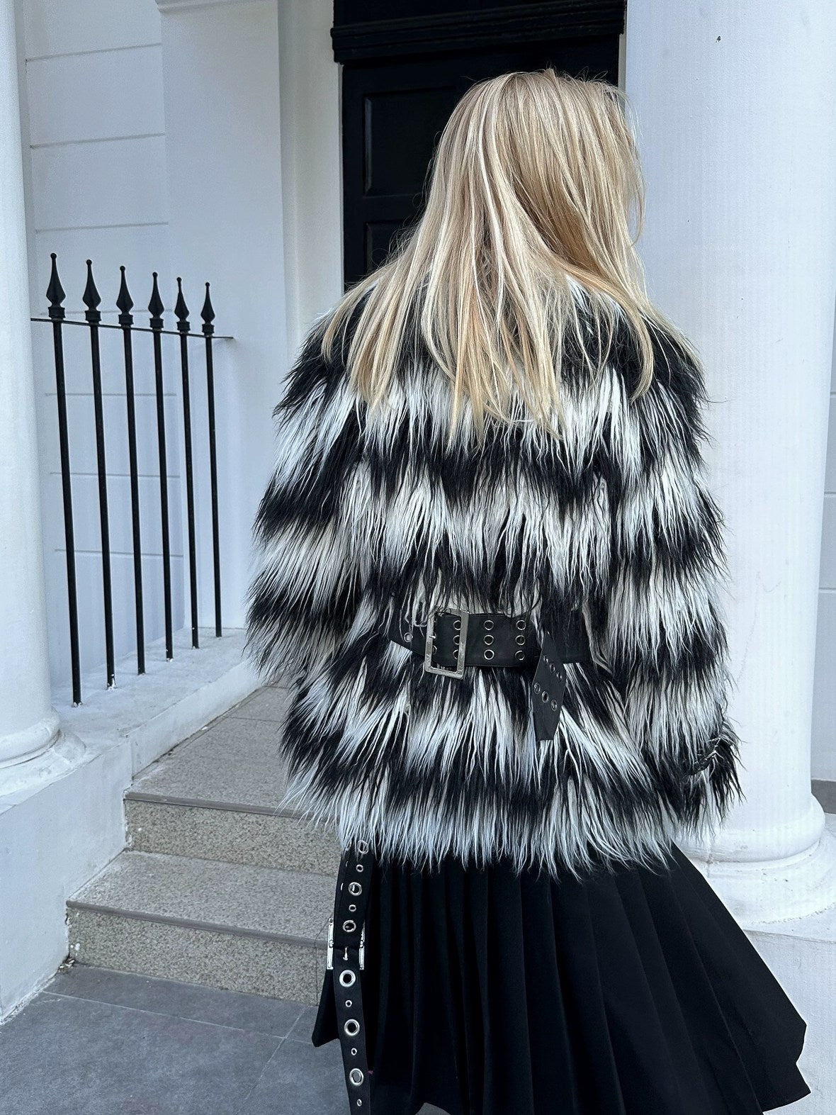 FULLTIDE Faux Fur Trim Black White Striped Street Single Breasted Two Button Women Coat