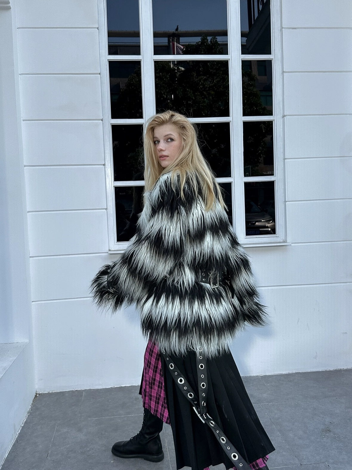 FULLTIDE Faux Fur Trim Black White Striped Street Single Breasted Two Button Women Coat