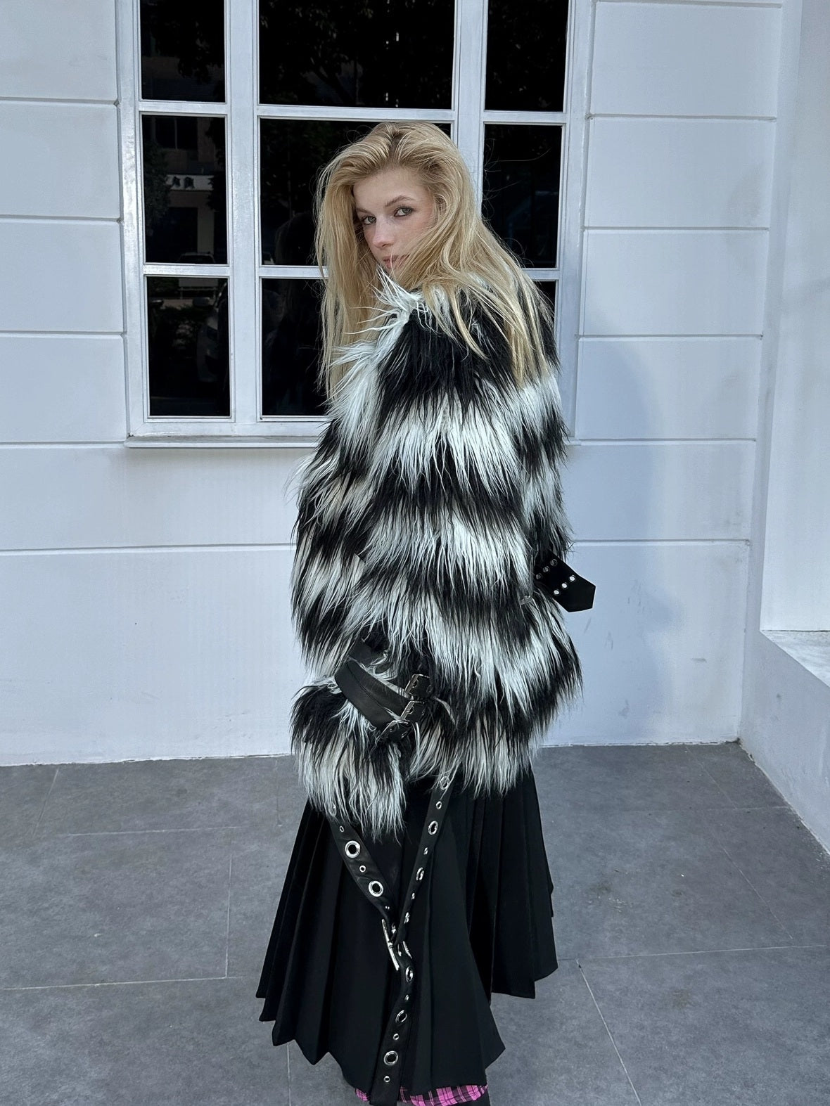 FULLTIDE Faux Fur Trim Black White Striped Street Single Breasted Two Button Women Coat