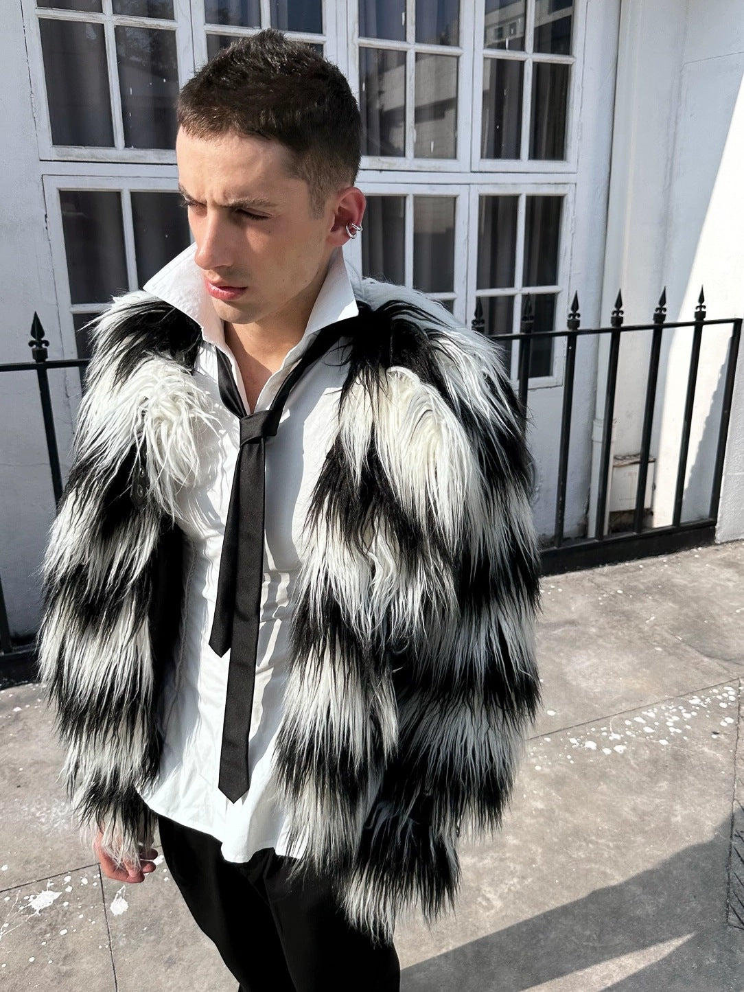 FULLTIDE Faux Fur Trim Black White Striped Street Single Breasted Two Button Women Coat