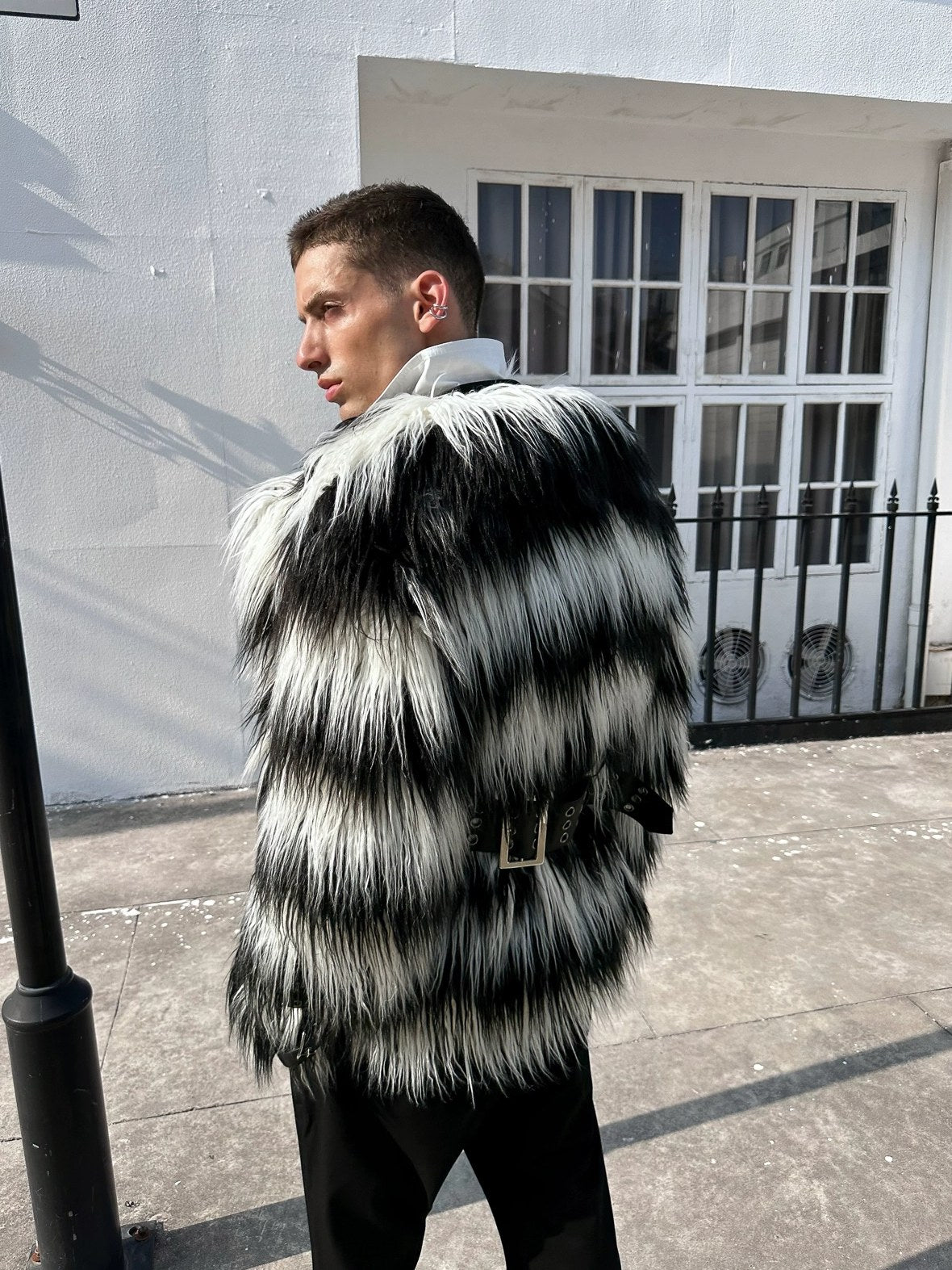 FULLTIDE Faux Fur Trim Black White Striped Street Single Breasted Two Button Women Coat