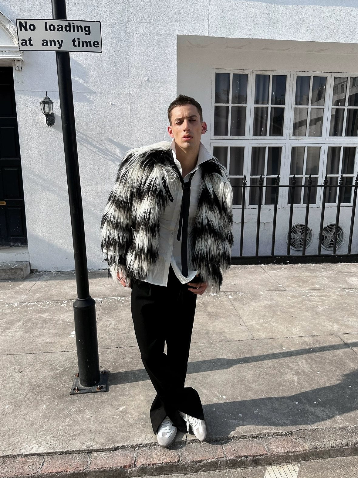 FULLTIDE Faux Fur Trim Black White Striped Street Single Breasted Two Button Women Coat