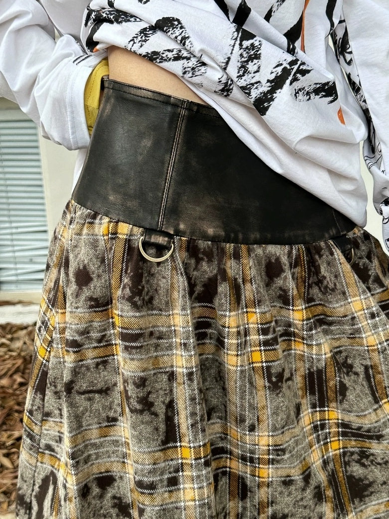 FULLTIDE Flattering High Waist Vintage A Line Plaid Mid Length Women Cotton Pu Maxi Skirt