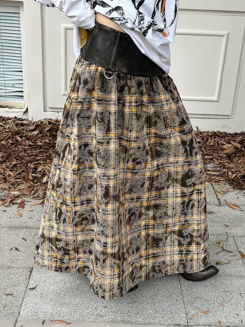 FULLTIDE Flattering High Waist Vintage A Line Plaid Mid Length Women Cotton Pu Maxi Skirt