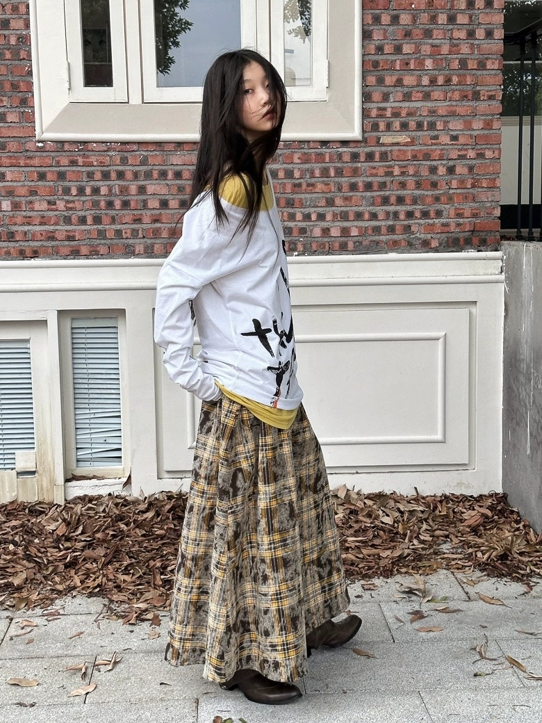 FULLTIDE Flattering High Waist Vintage A Line Plaid Mid Length Women Cotton Pu Maxi Skirt