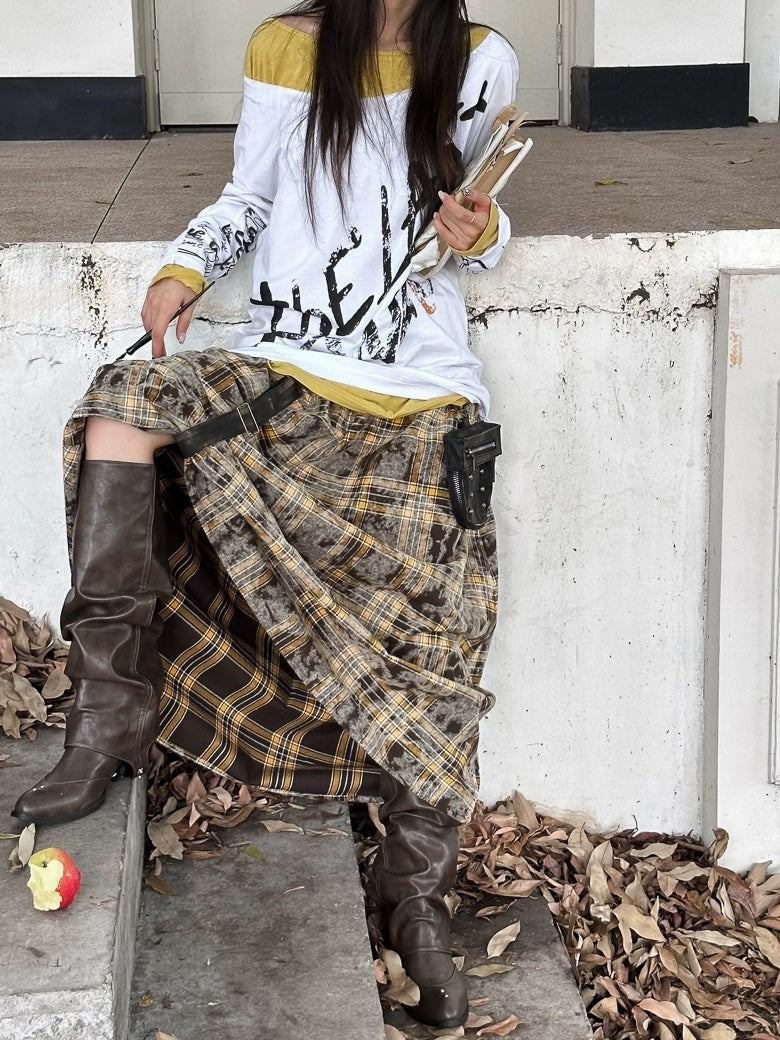 FULLTIDE Flattering High Waist Vintage A Line Plaid Mid Length Women Cotton Pu Maxi Skirt