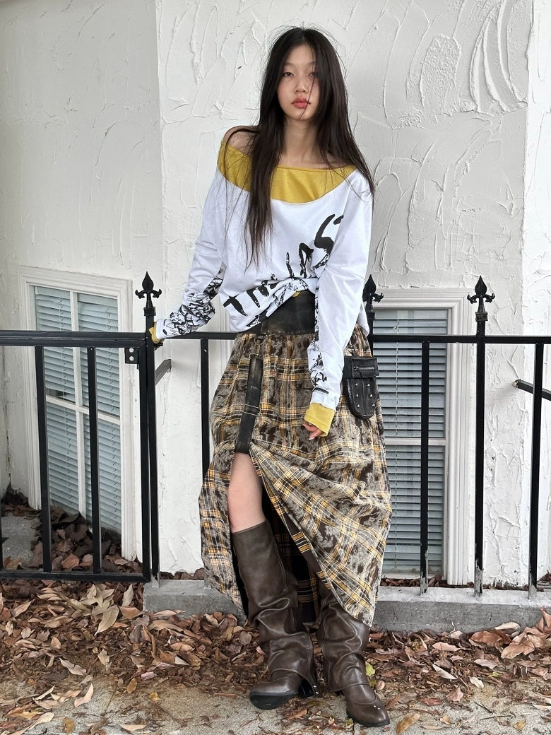 FULLTIDE Flattering High Waist Vintage A Line Plaid Mid Length Women Cotton Pu Maxi Skirt