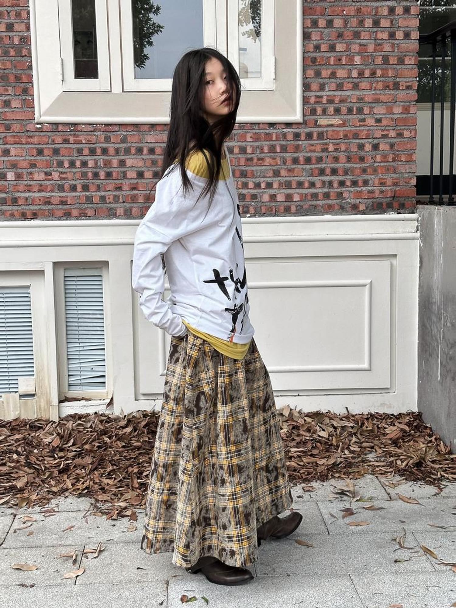 FULLTIDE Flattering High Waist Vintage A Line Plaid Mid Length Women Cotton Pu Maxi Skirt