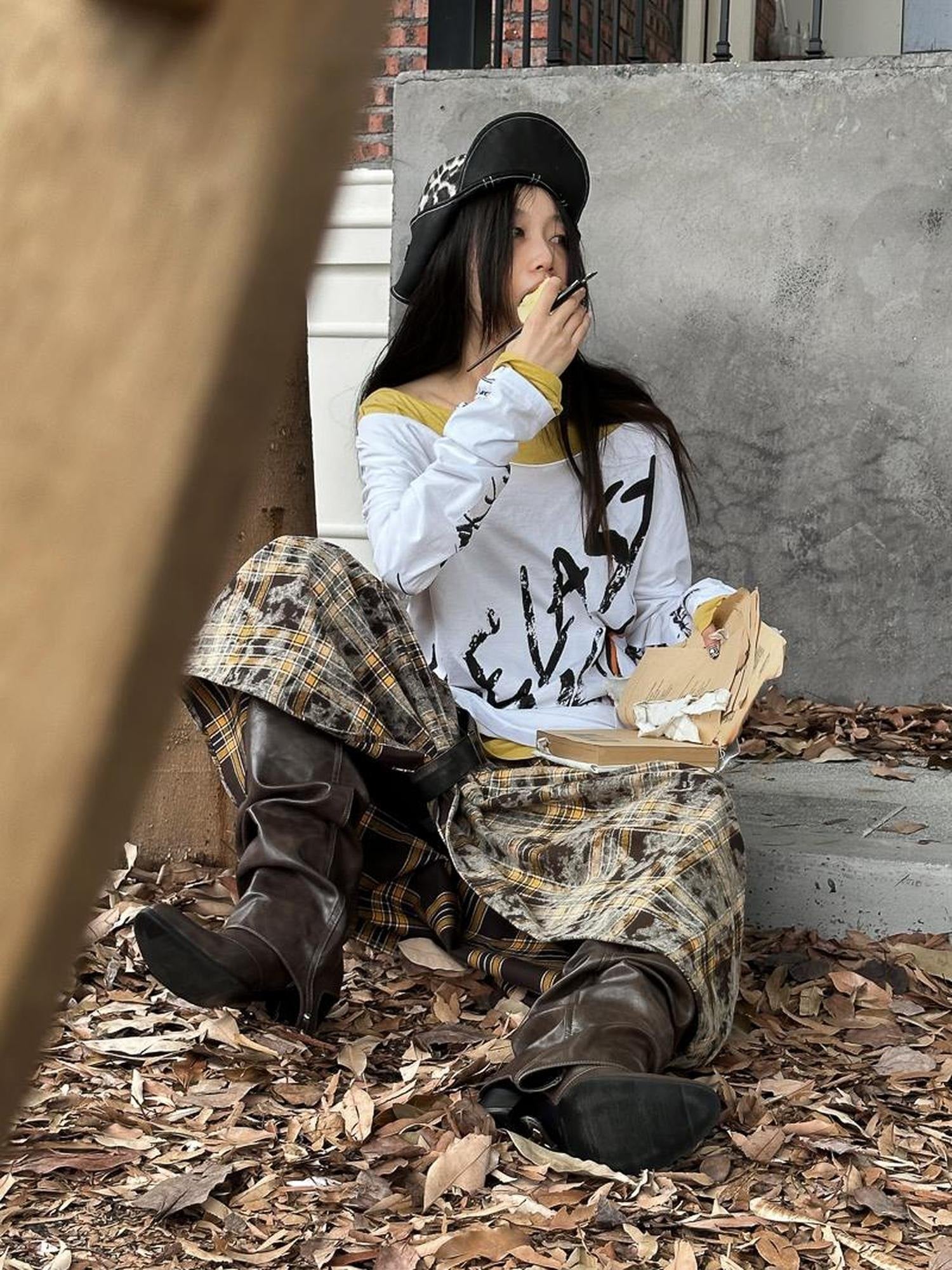 FULLTIDE Flattering High Waist Vintage A Line Plaid Mid Length Women Cotton Pu Maxi Skirt