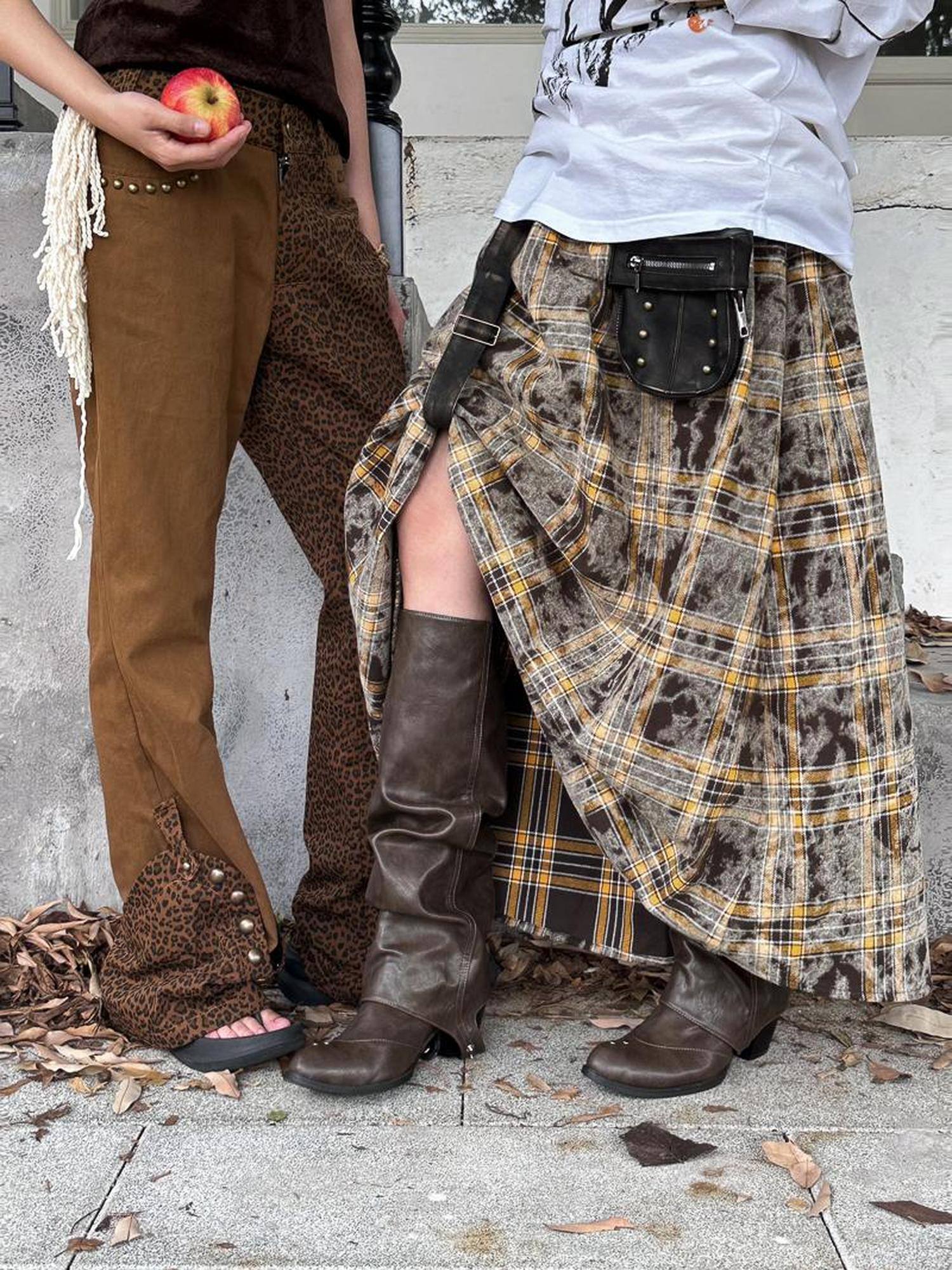 FULLTIDE Flattering High Waist Vintage A Line Plaid Mid Length Women Cotton Pu Maxi Skirt