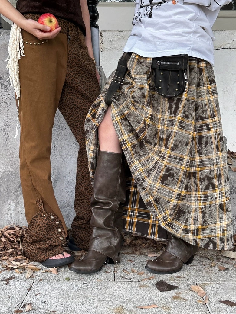 FULLTIDE Flattering High Waist Vintage A Line Plaid Mid Length Women Cotton Pu Maxi Skirt