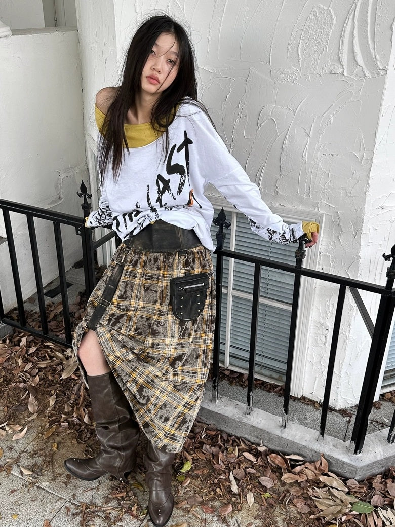 FULLTIDE Flattering High Waist Vintage A Line Plaid Mid Length Women Cotton Pu Maxi Skirt