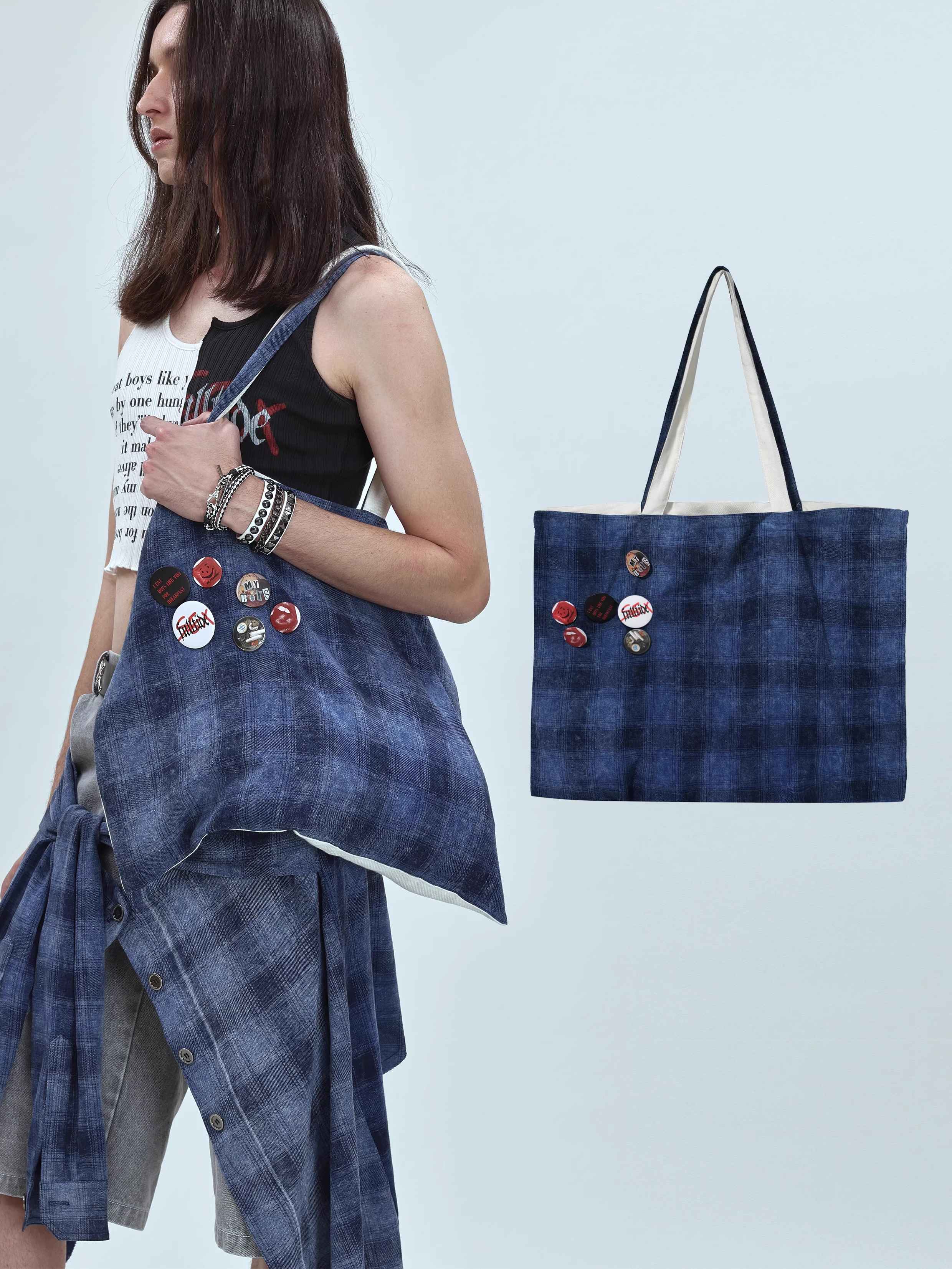 FULLTIDE_Foldable_Washable_Canvas_Zipper_Plaid_Tote_Korean_Casual_Youth_Shoulder_Bag_MISSTT