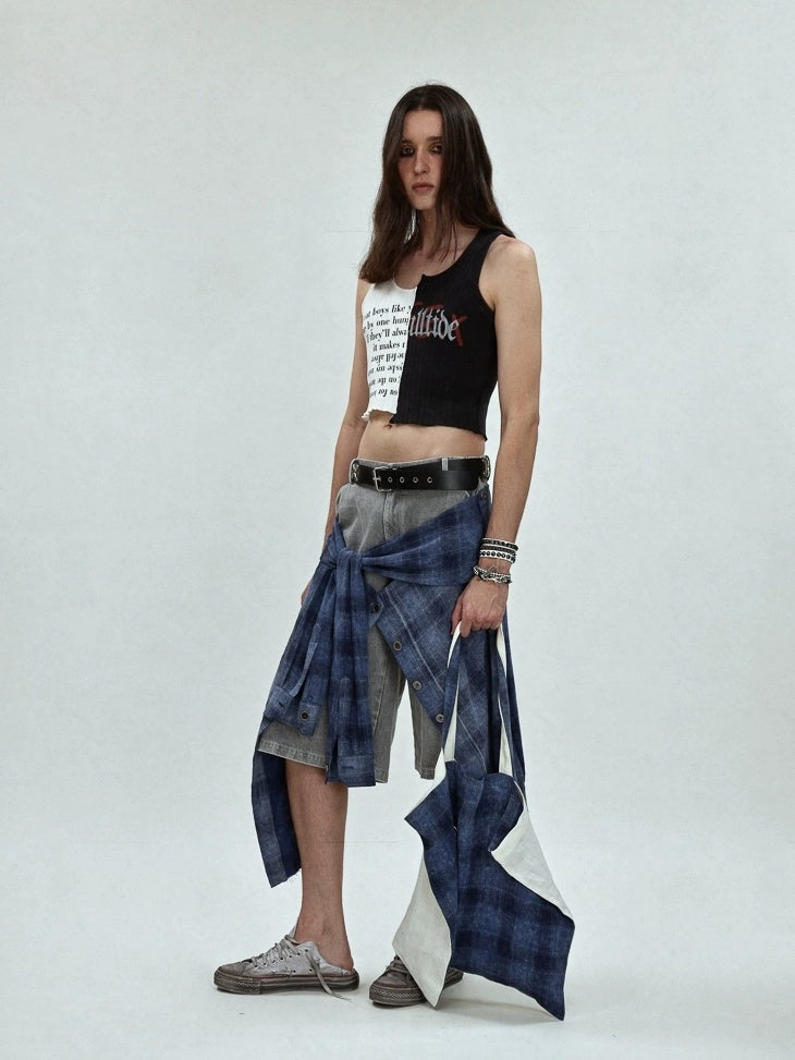 FULLTIDE Foldable Washable Canvas Zipper Plaid Tote Korean Casual Youth Shoulder Bag