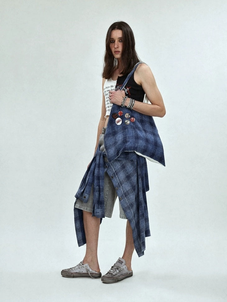 FULLTIDE Foldable Washable Canvas Zipper Plaid Tote Korean Casual Youth Shoulder Bag