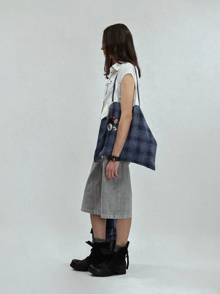 FULLTIDE Foldable Washable Canvas Zipper Plaid Tote Korean Casual Youth Shoulder Bag