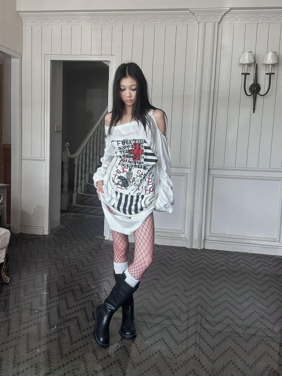 FULLTIDE Ivory Deconstructed Print One Shoulder Women&