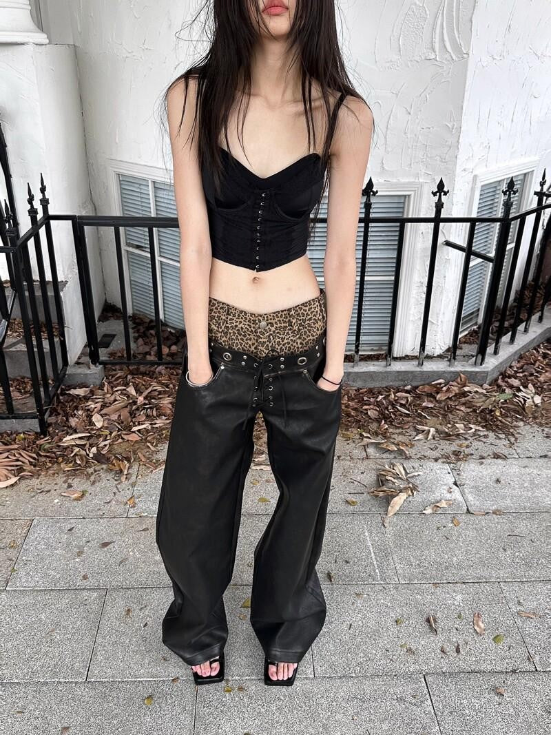 FULLTIDE Leopard Patchwork Distressed Zipper Double Waist Women&