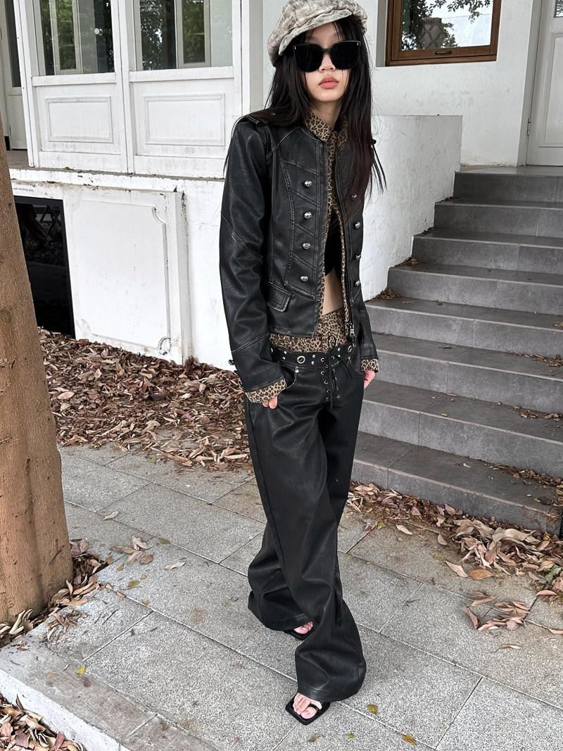 FULLTIDE Leopard Patchwork Distressed Zipper Double Waist Women&