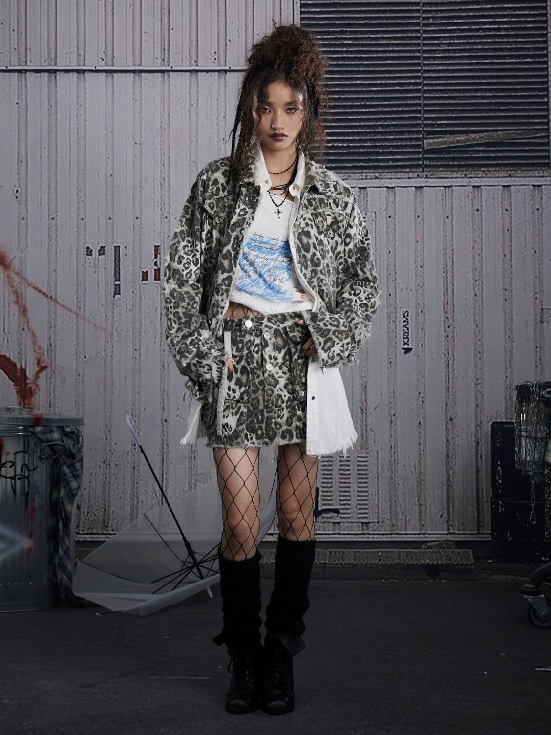 FULLTIDE Leopard Print Low Rise Denim Street Style Women Light Gray Cotton Mini Skirt