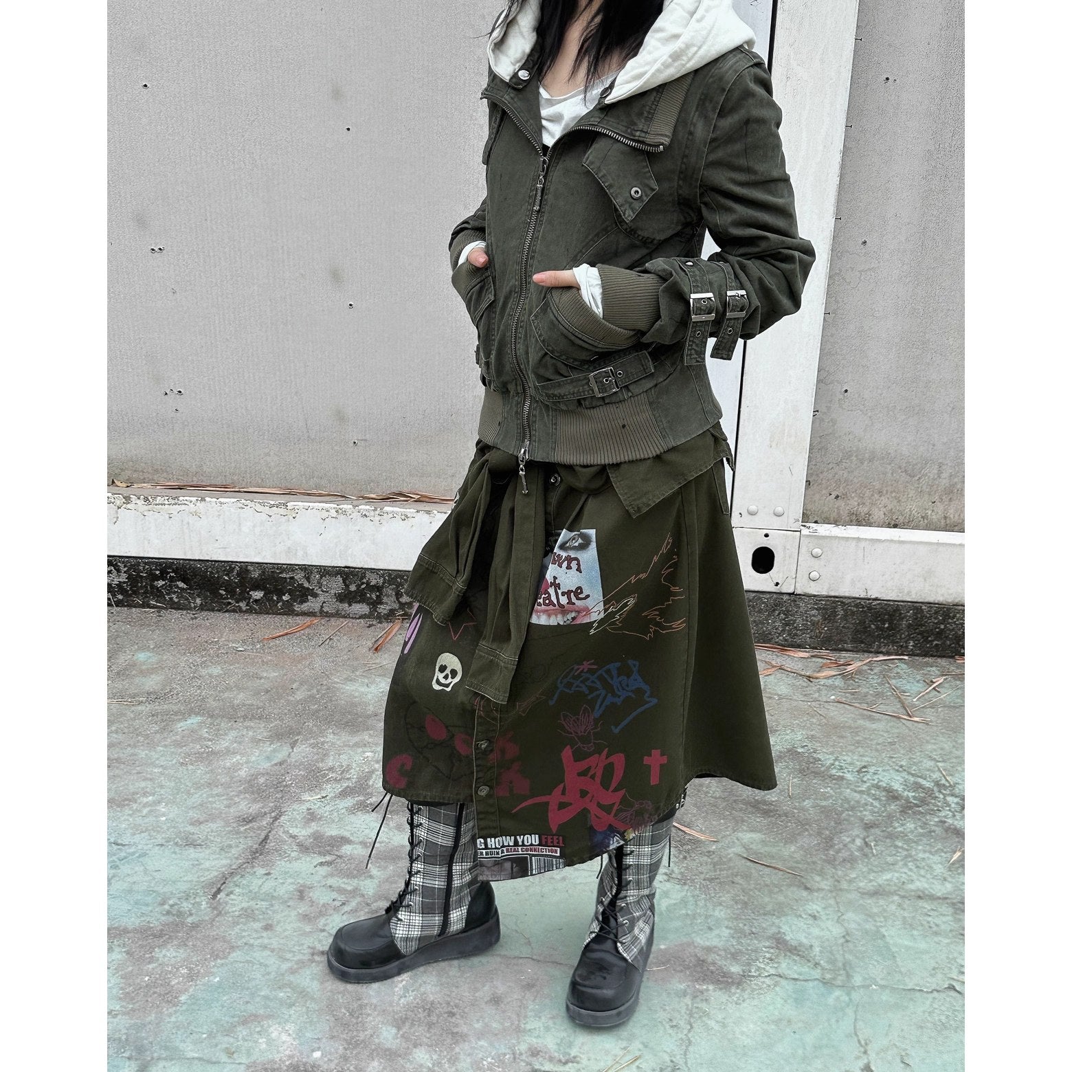 FULLTIDE_Leopard_Print_Low_Waist_Denim_Pure_Cotton_Army_Green_Midi_Skirt_MISSTT