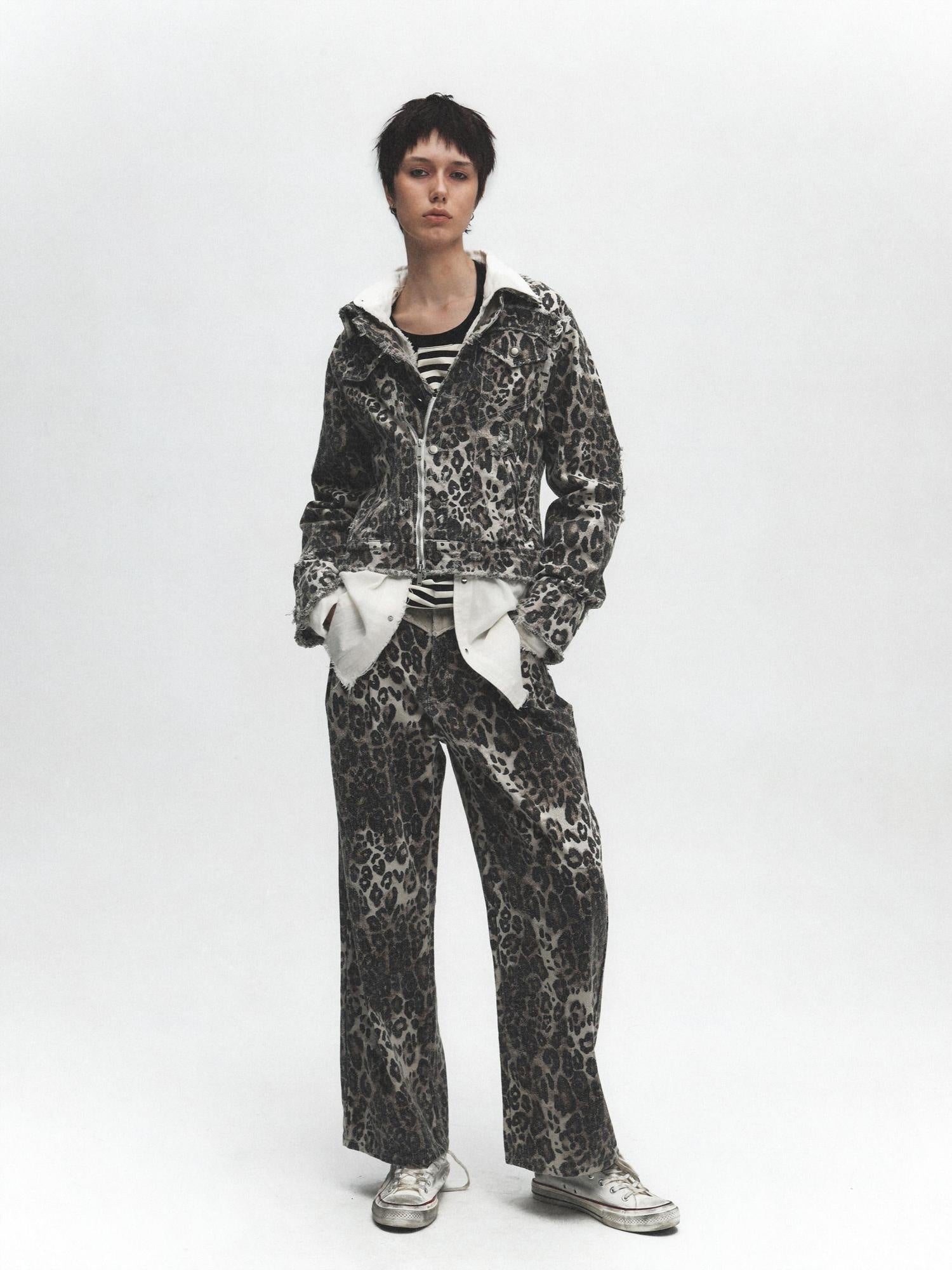 FULLTIDE Leopard Print Zip Polo Collar Cotton Straight Fit Street Style Women Jacket