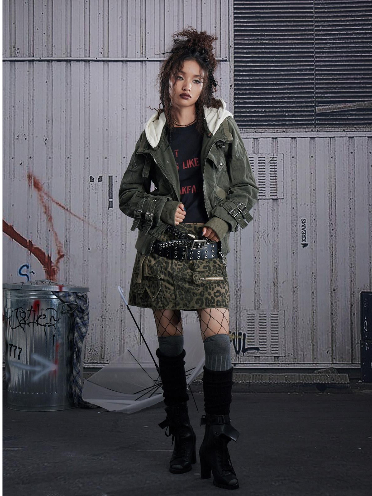 FULLTIDE Light Grey Leopard Frayed Hem Low Waist Punk Women&