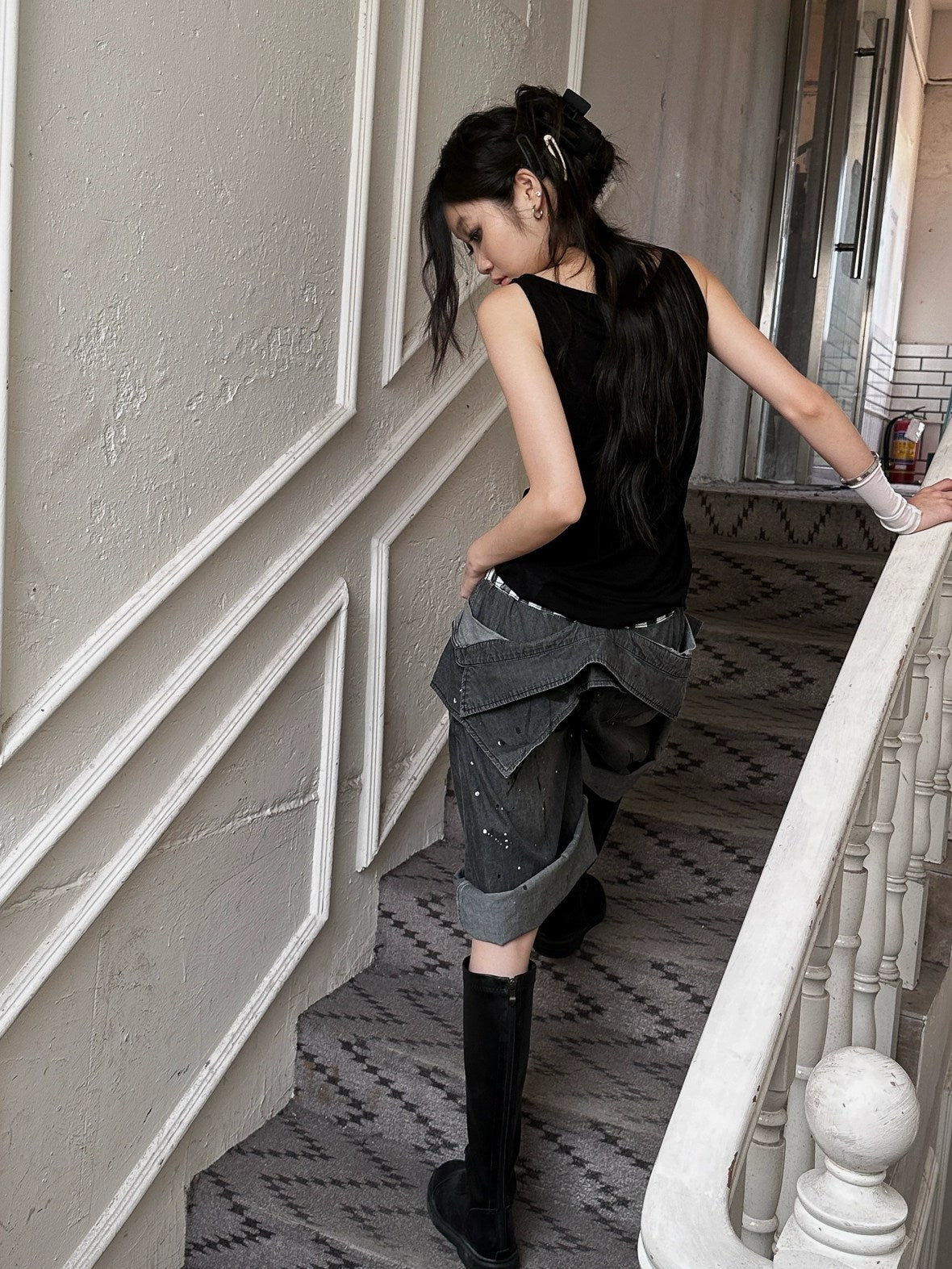 FULLTIDE Lightweight Low Rise Wide Leg Cropped Dark Stretch Cotton Denim Women Jeans