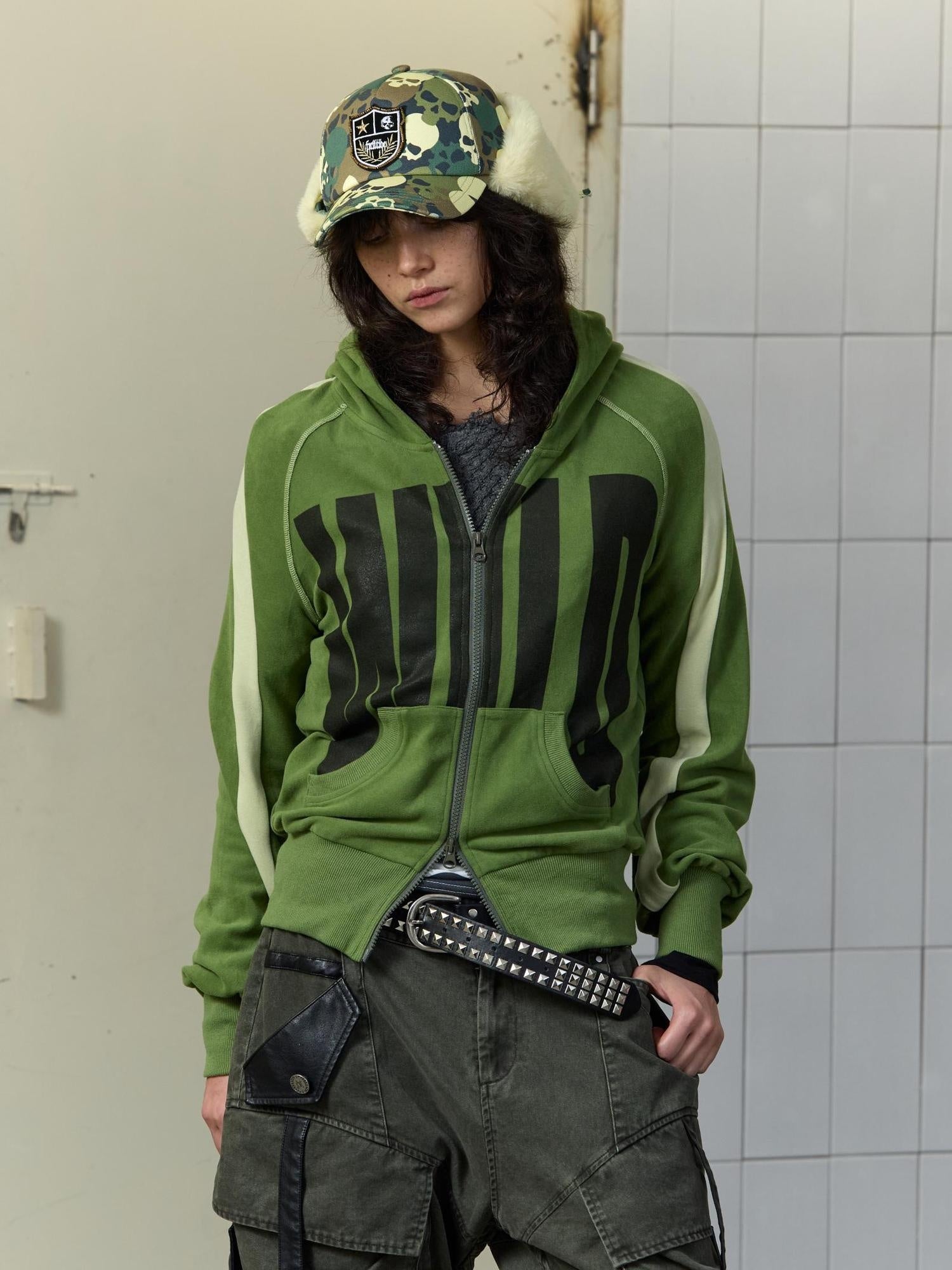 FULLTIDE Loose Colorblock Zip Hooded Streetwear Women Viscose Blend Hoodies