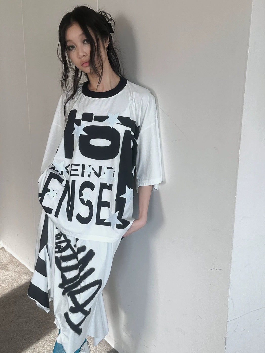 FULLTIDE Luminous Black White Casual Crew Neck Midlength Women 100 Percent Cotton T-Shirt