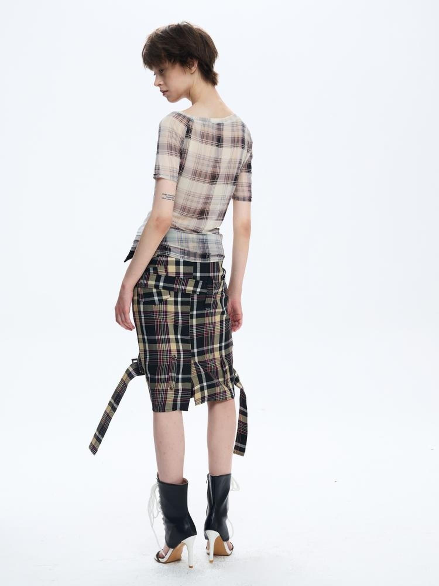 FULLTIDE Moisture Wicking Slim Fit Patchwork Boat Neck Women Plaid Cross Print T-Shirt