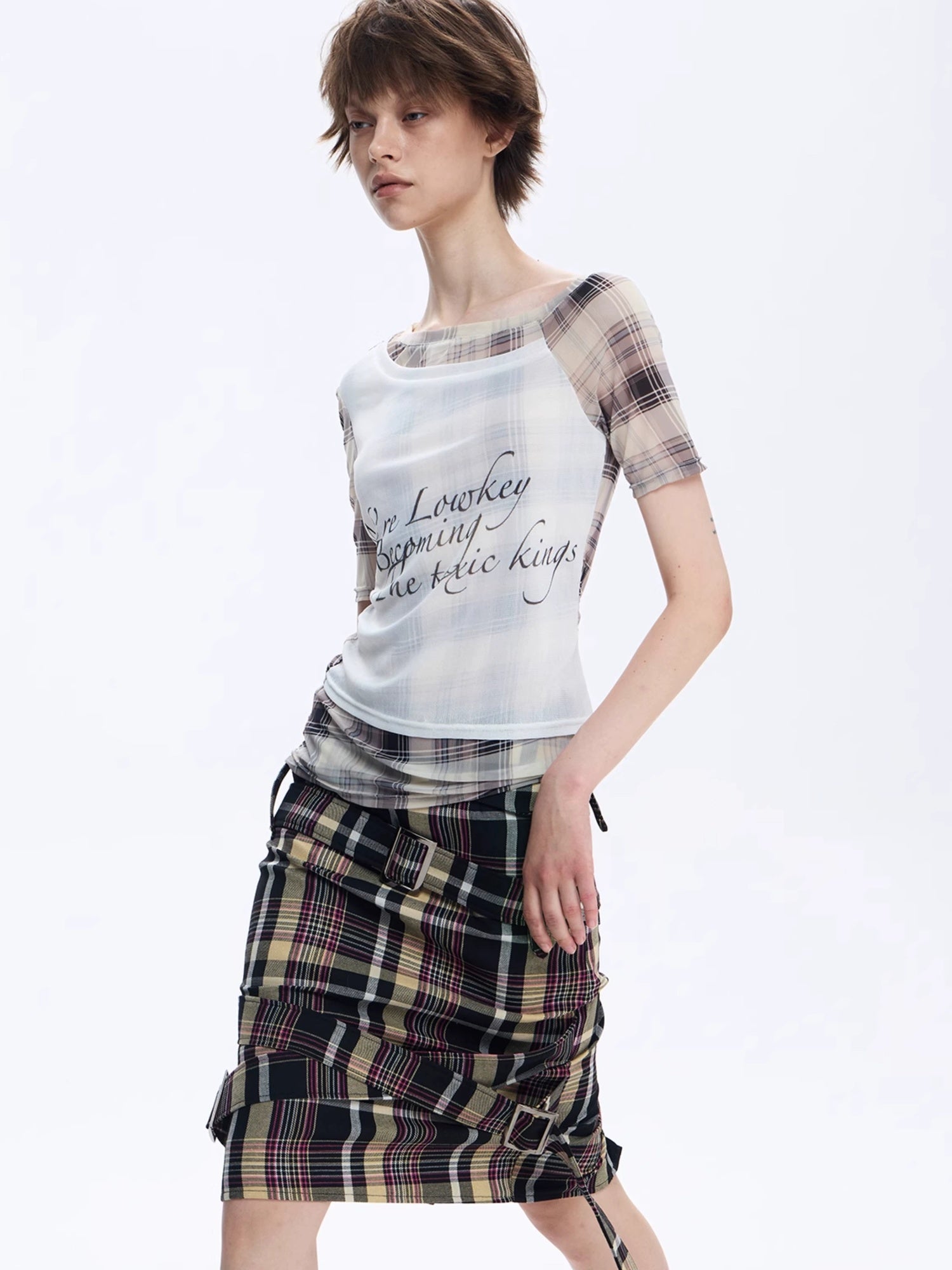 FULLTIDE Moisture Wicking Slim Fit Patchwork Boat Neck Women Plaid Cross Print T-Shirt