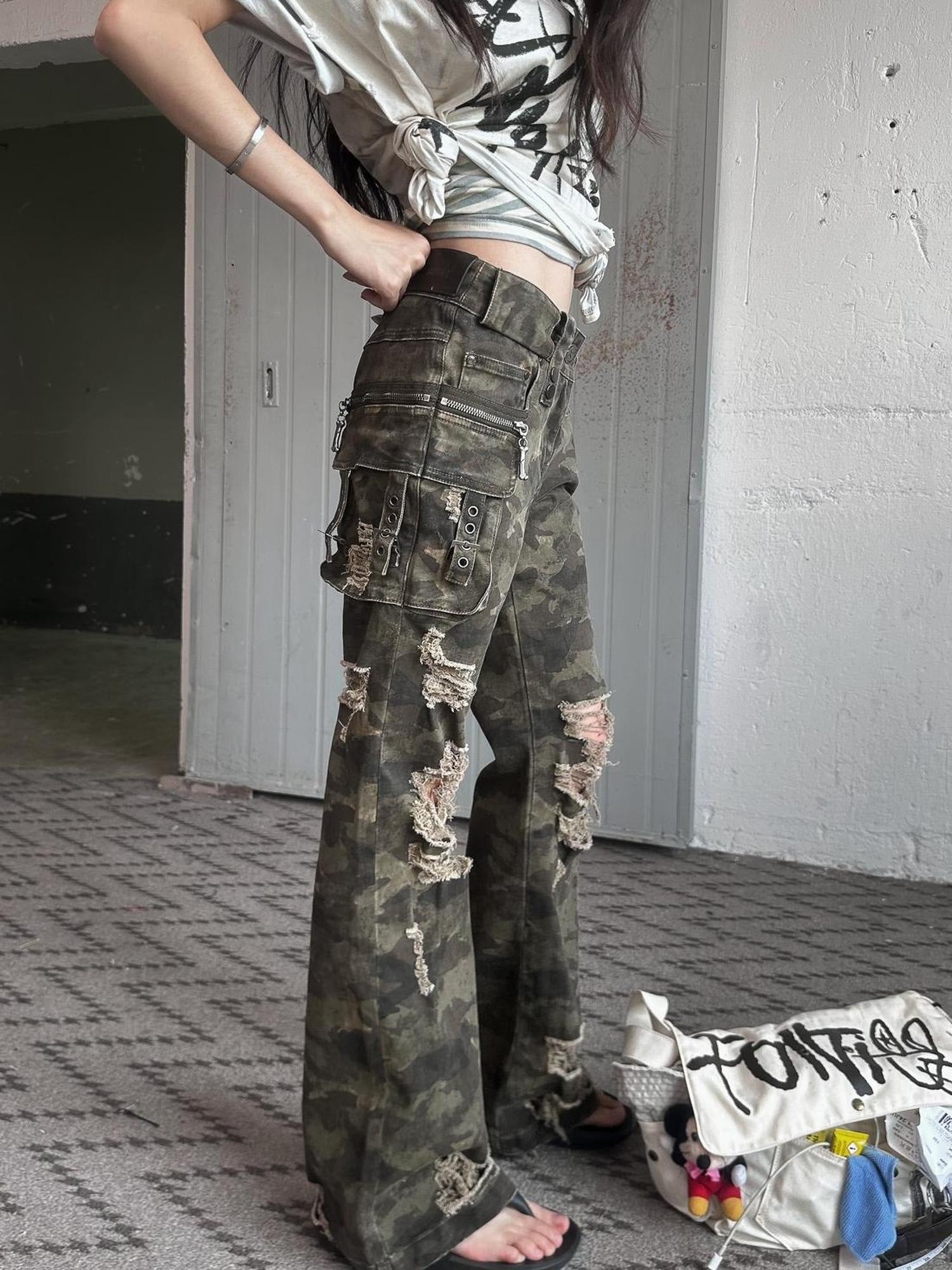 FULLTIDE Original Camo Denim Pure Cotton Low Rise Micro Flare Women Long Pants