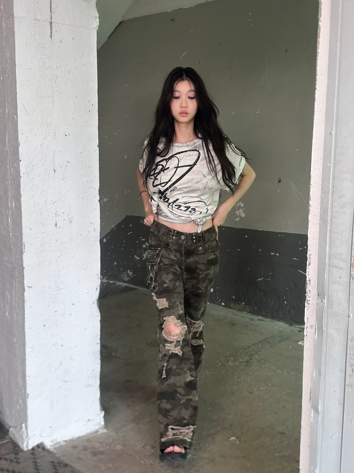 FULLTIDE Original Camo Denim Pure Cotton Low Rise Micro Flare Women Long Pants