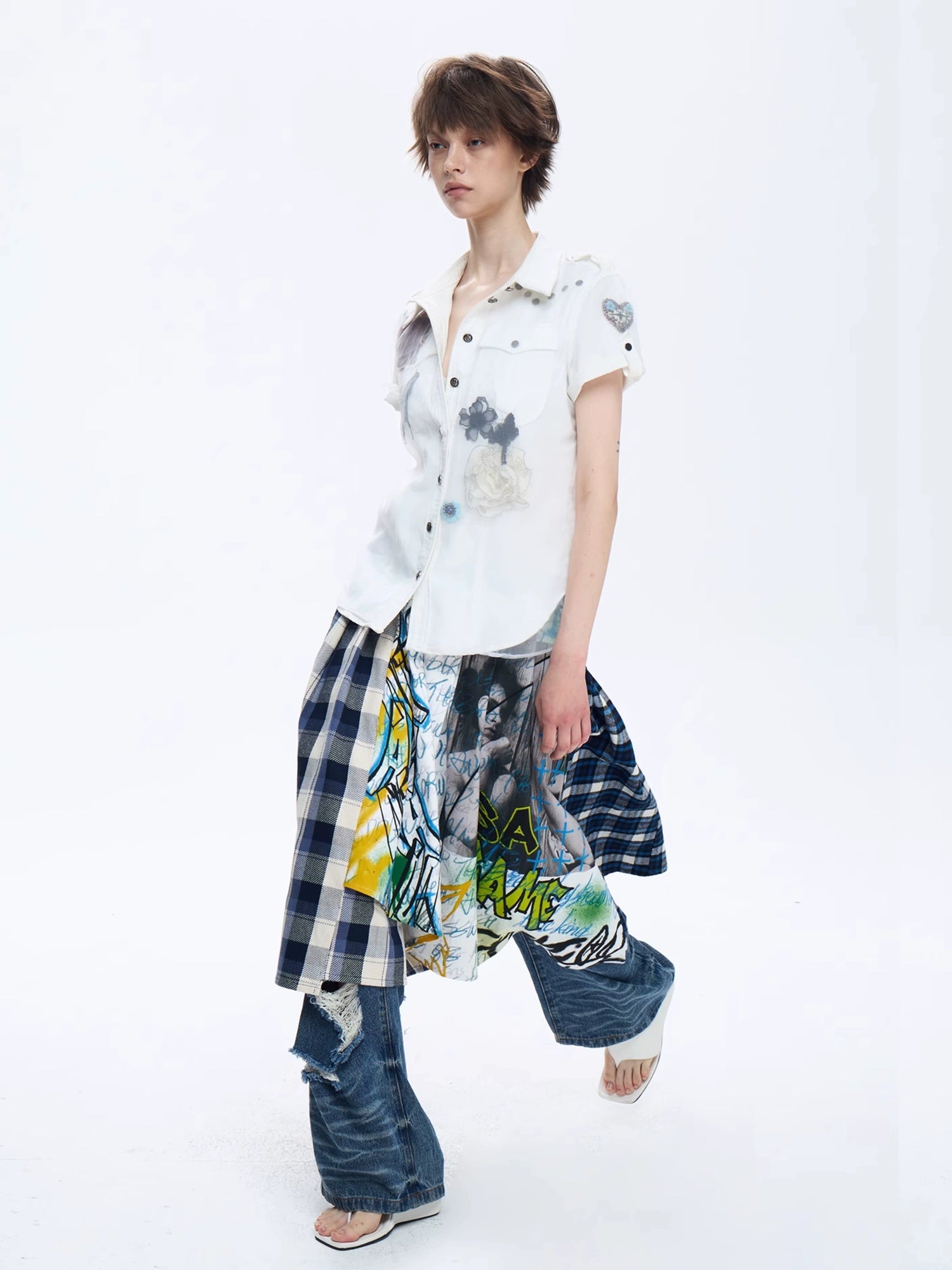 FULLTIDE Original Design Cotton Blend Polo Collar Short Sleeve Women Off White Shirt