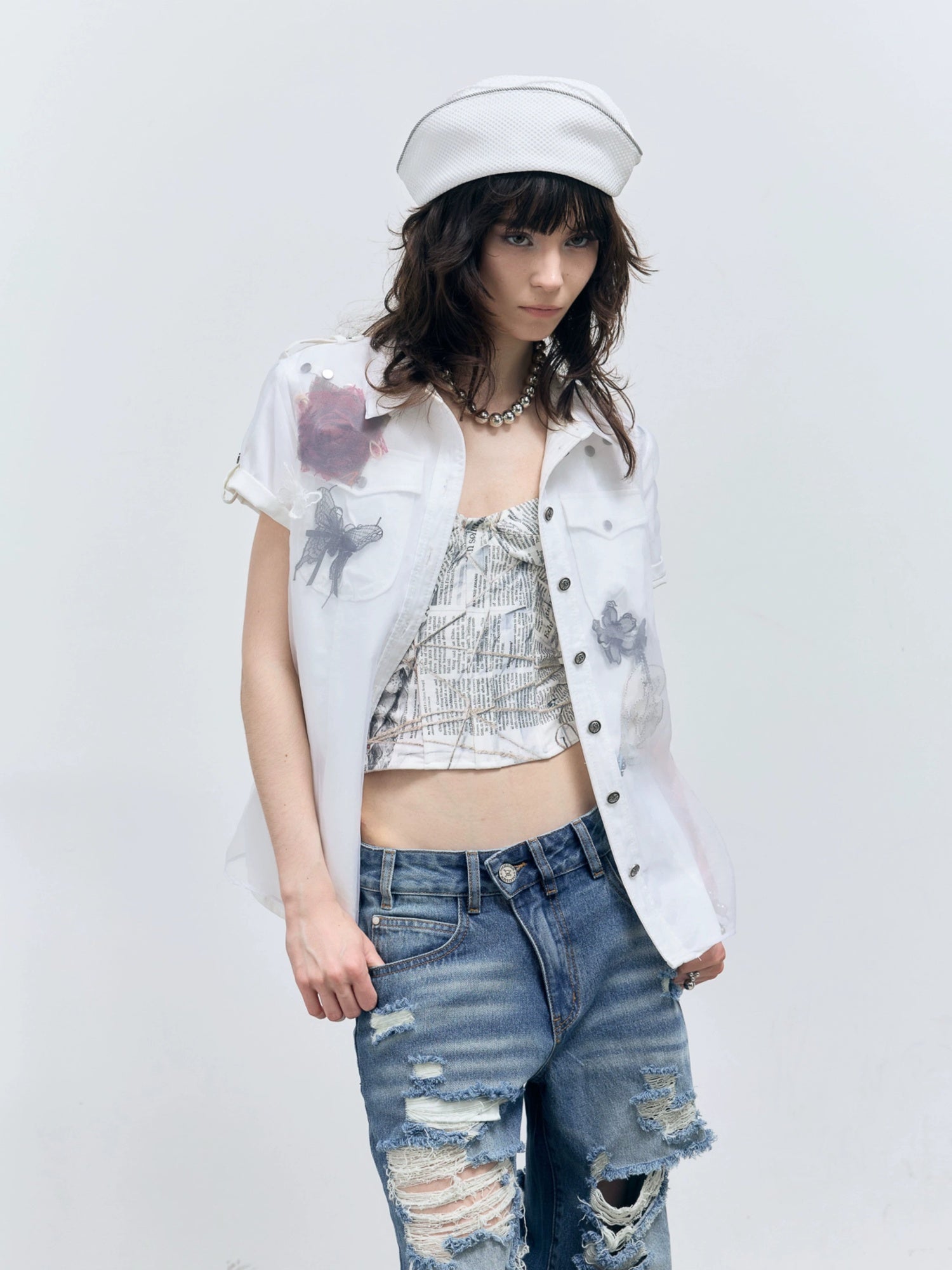 FULLTIDE Original Design Cotton Blend Polo Collar Short Sleeve Women Off White Shirt