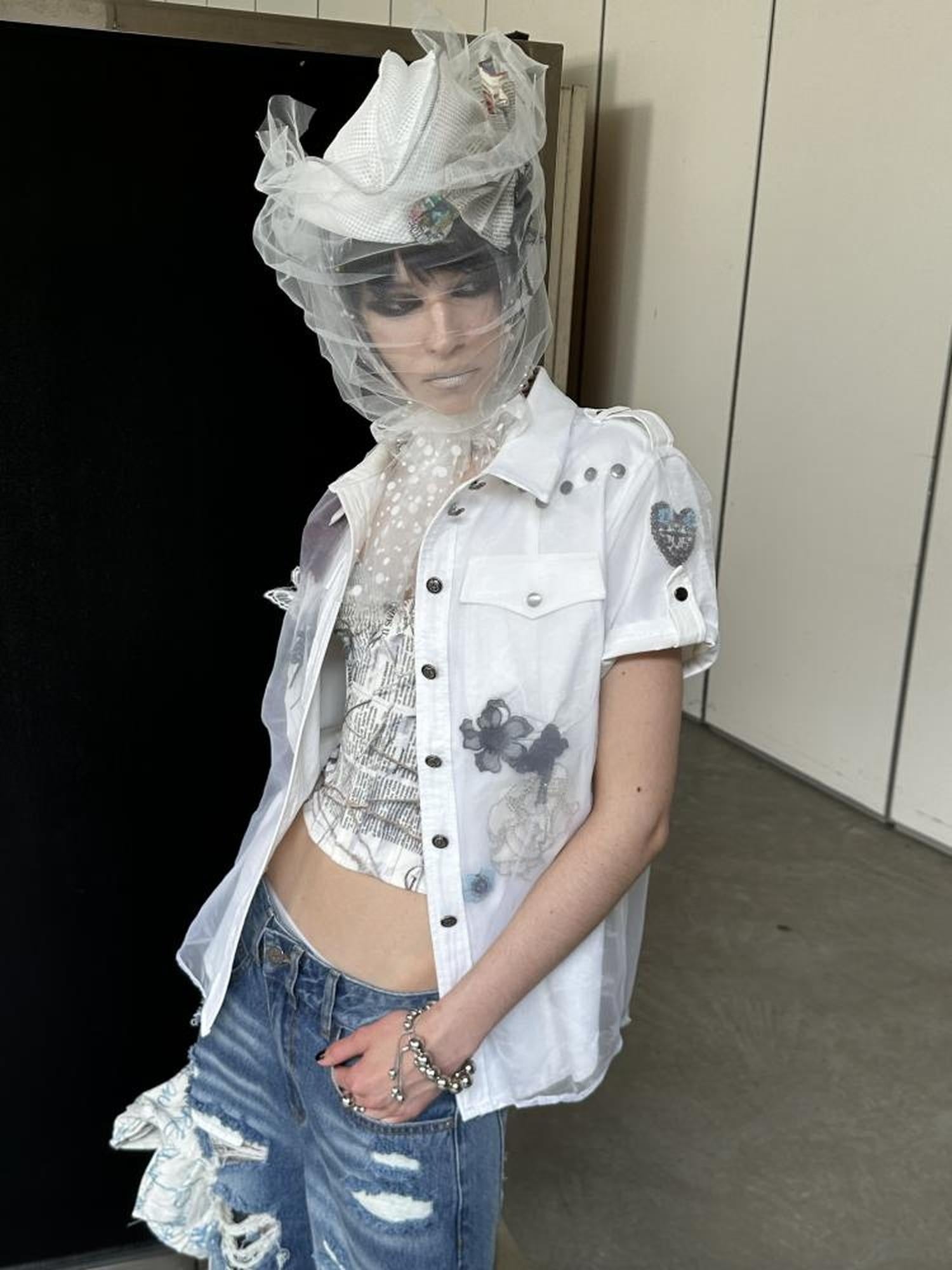 FULLTIDE Original Design Cotton Blend Polo Collar Short Sleeve Women Off White Shirt