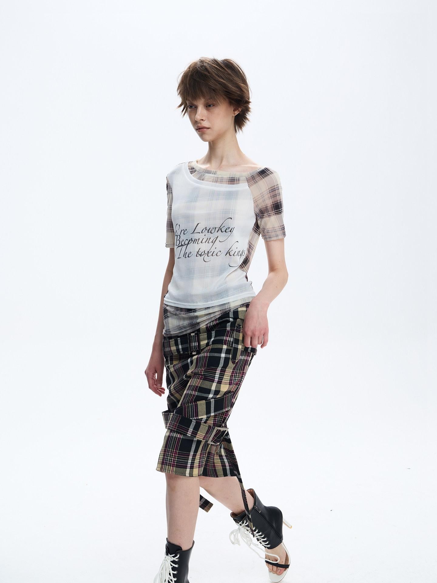 FULLTIDE Pink Deconstructed Plaid A Line Wrap Metal Lace Up Women&