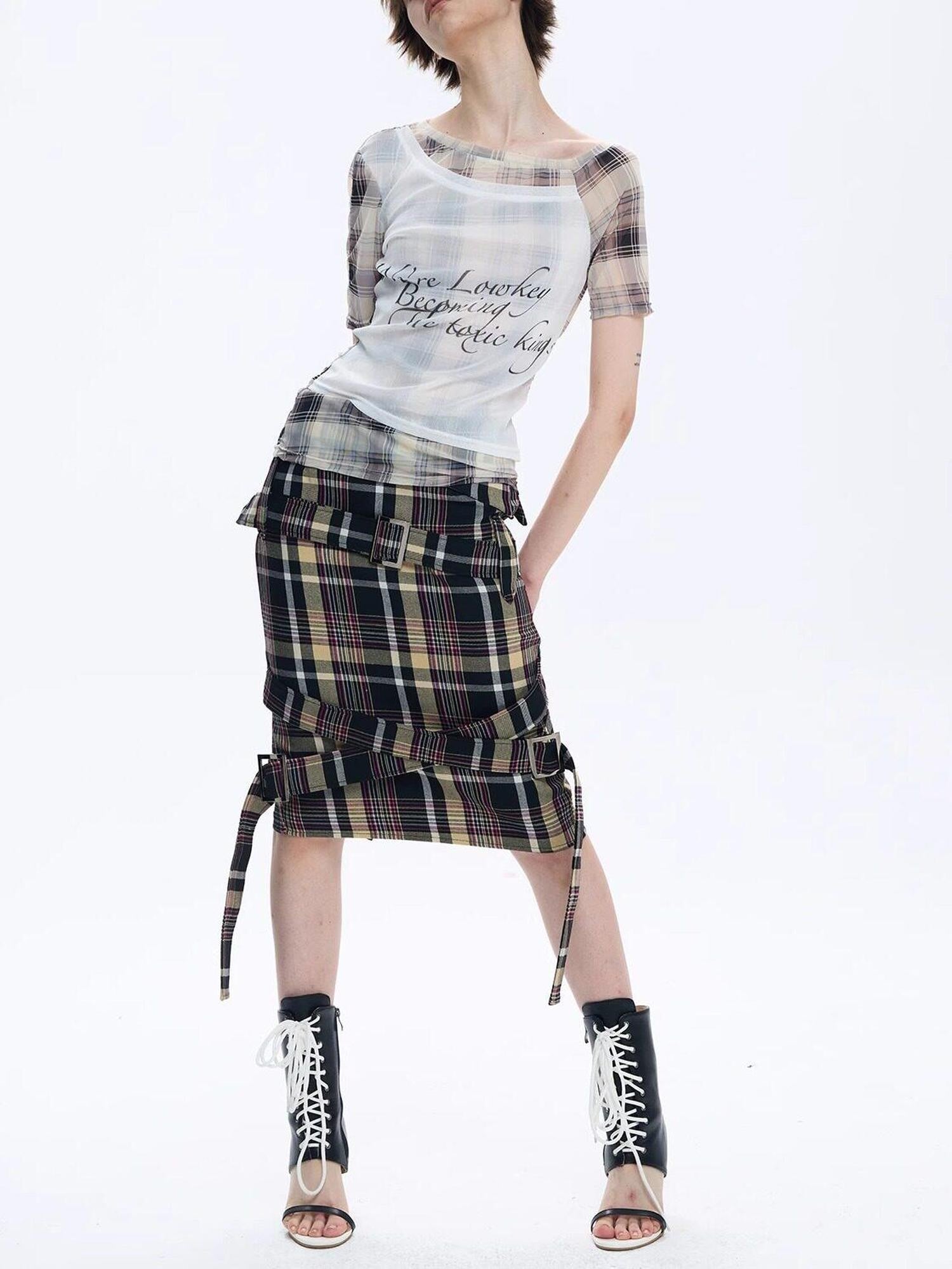 FULLTIDE Pink Deconstructed Plaid A Line Wrap Metal Lace Up Women&