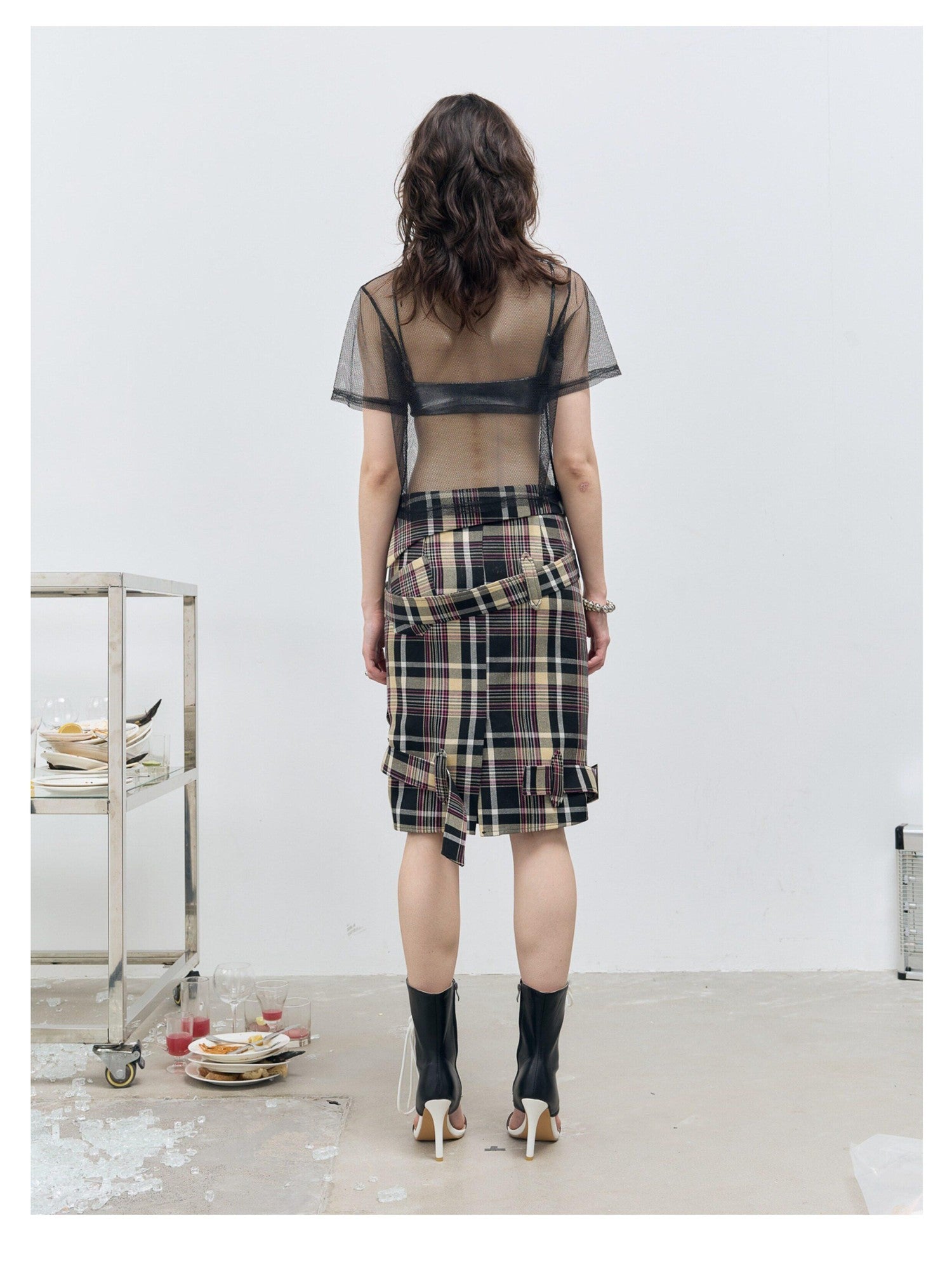 FULLTIDE Pink Deconstructed Plaid A Line Wrap Metal Lace Up Women&