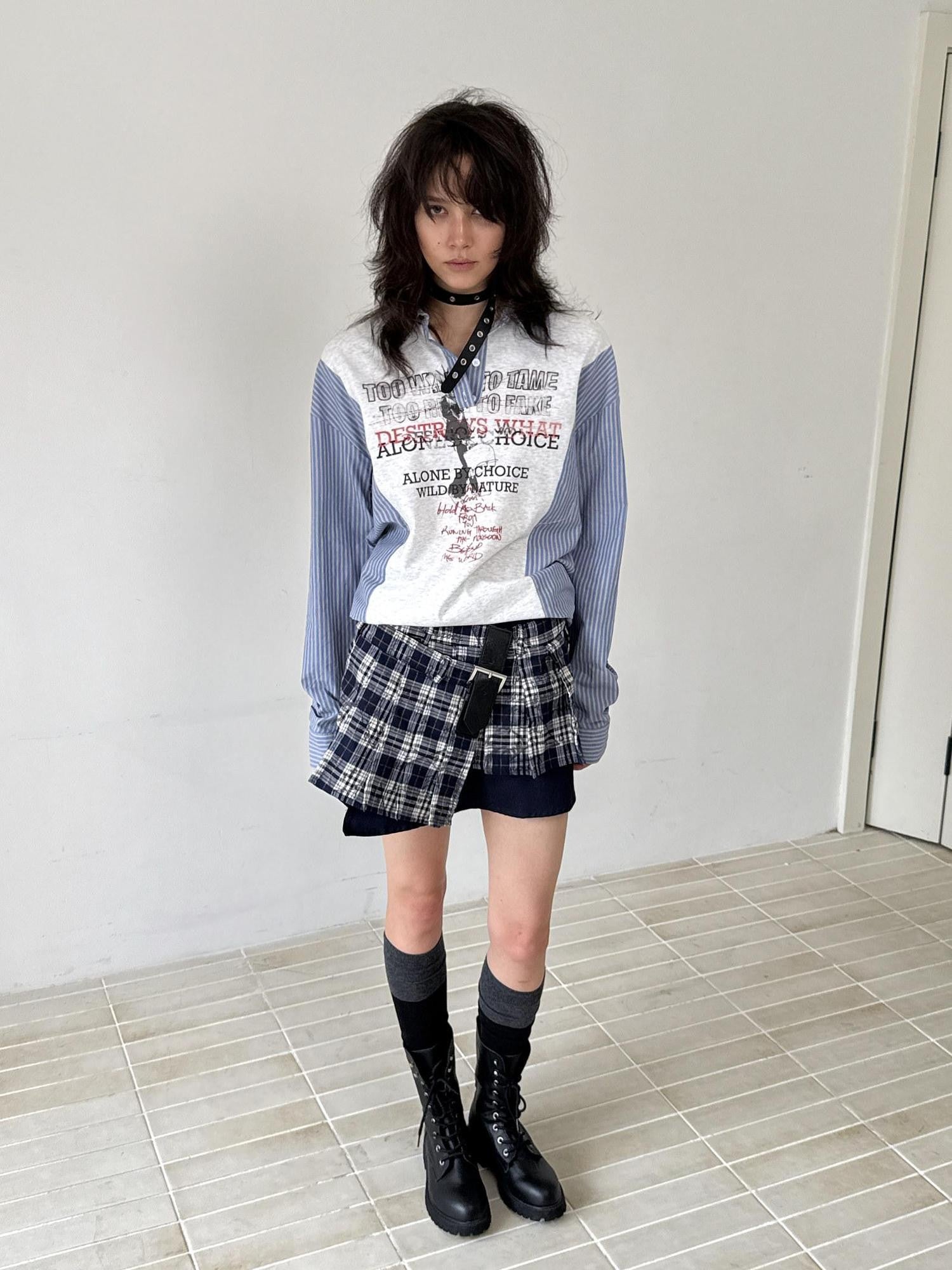 FULLTIDE Plaid Graffiti Asymmetric Pleated Low Waist Women&